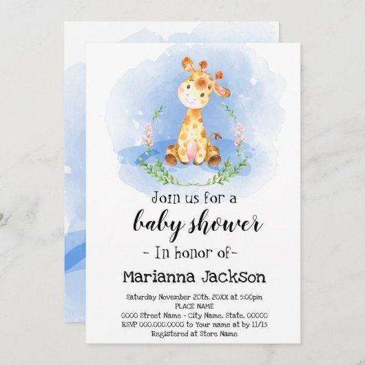 Invitation Baby shower Giraffe (Devant / Derrière)