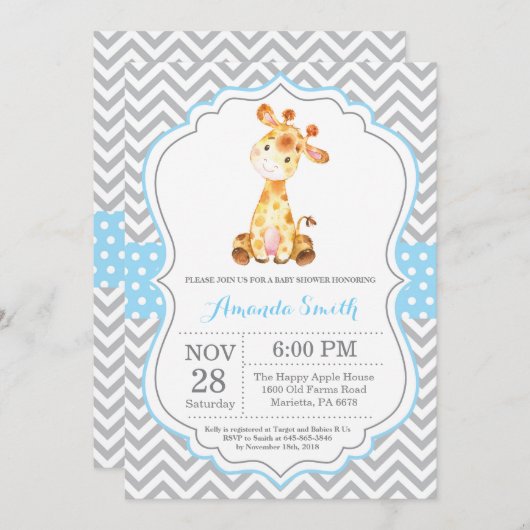 Invitation Baby shower Giraffe bleu et gris (Devant / Derrière)