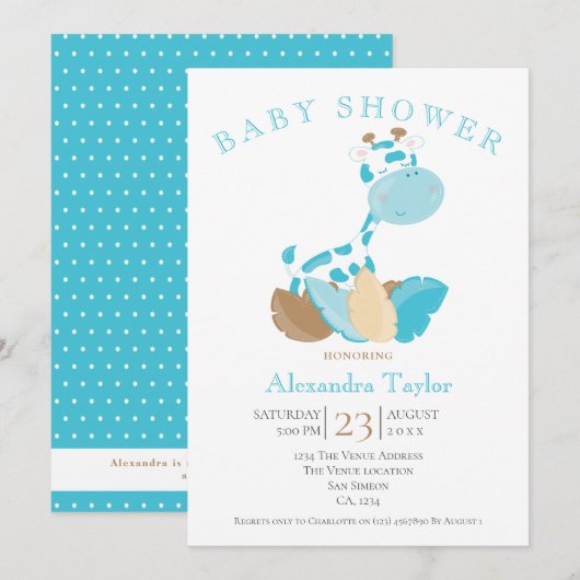 Invitation Baby shower Giraffe Bleue Personnalisé (Devant / Derrière)