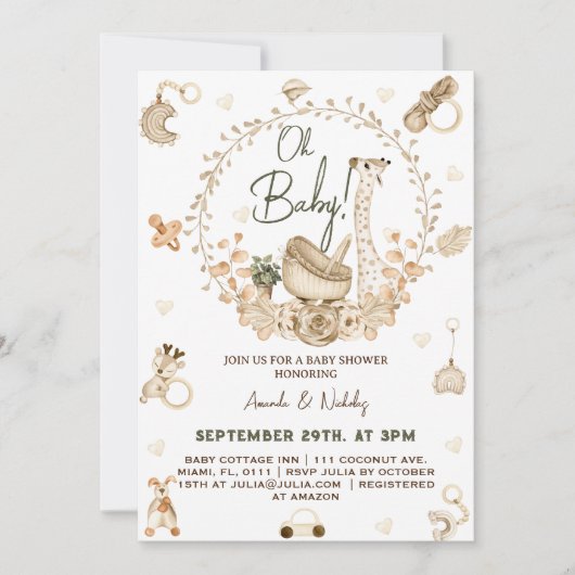 Invitation Baby shower Giraffe Boho (Devant)