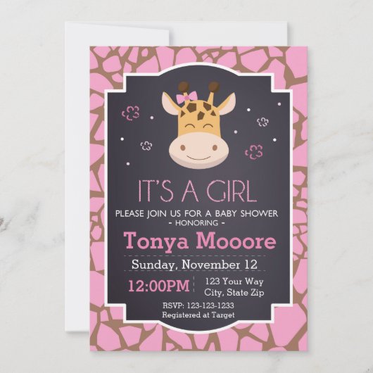 Invitation Baby shower Giraffe (fille) (Devant)