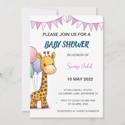 Invitation Baby shower Giraffe - Fille (Devant)