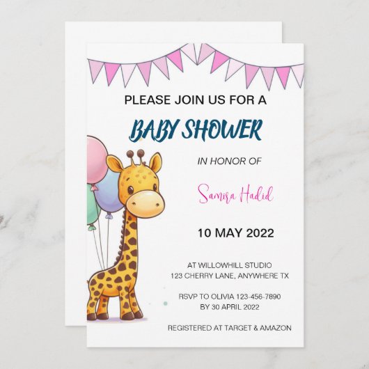 Invitation Baby shower Giraffe - Fille (Devant / Derrière)