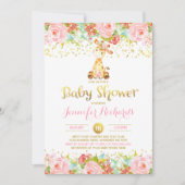 Invitation Baby shower Giraffe Floral Rose & Or (Devant)
