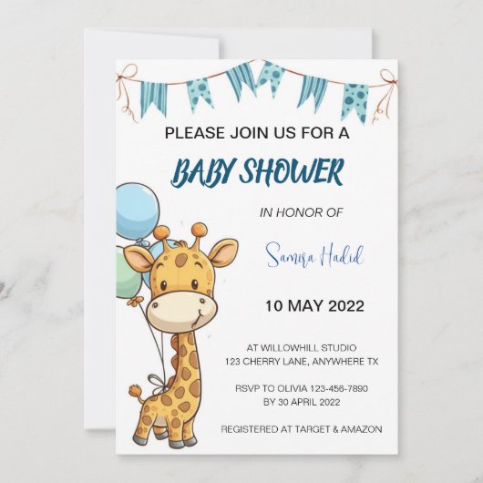 Invitation Baby shower Giraffe - Garçon (Devant)