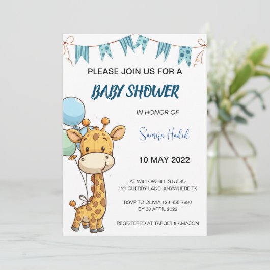 Invitation Baby shower Giraffe - Garçon (Debout devant)
