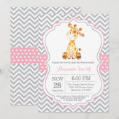 Invitation Baby shower Giraffe rose et gris (Devant / Derrière)
