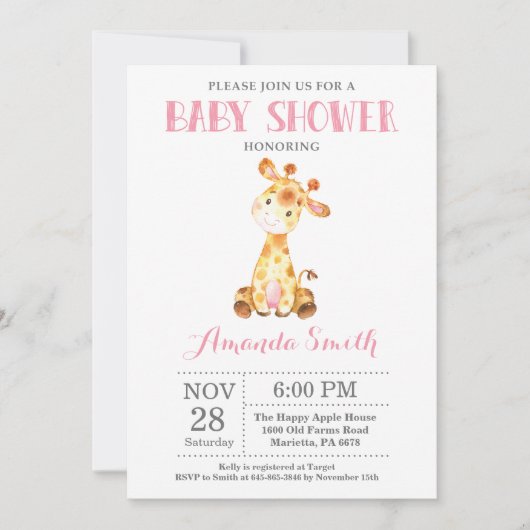 Invitation Baby shower Giraffe rose et gris (Devant)