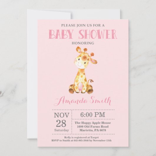 Invitation Baby shower Giraffe rose et gris (Devant)