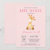 Invitation Baby shower Giraffe rose et gris (Devant / Derrière)