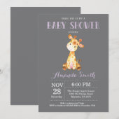 Invitation Baby shower Giraffe violet et gris (Devant / Derrière)