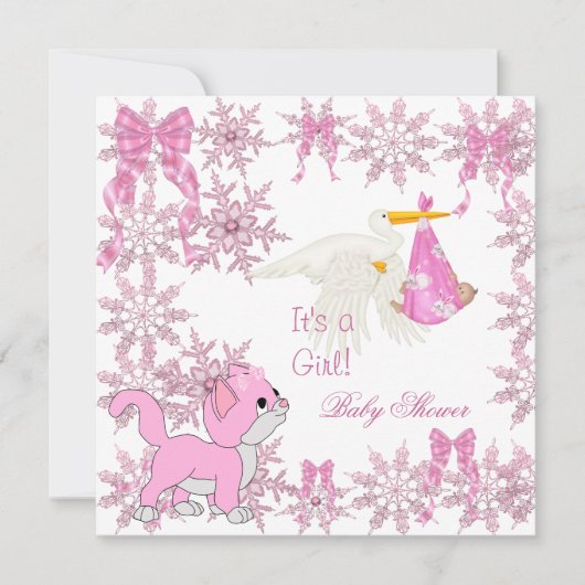 Invitation Baby shower Girl Cute Kitten Stork (Devant)