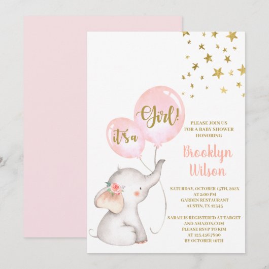 Invitation baby shower Girl Elephant (Devant / Derrière)
