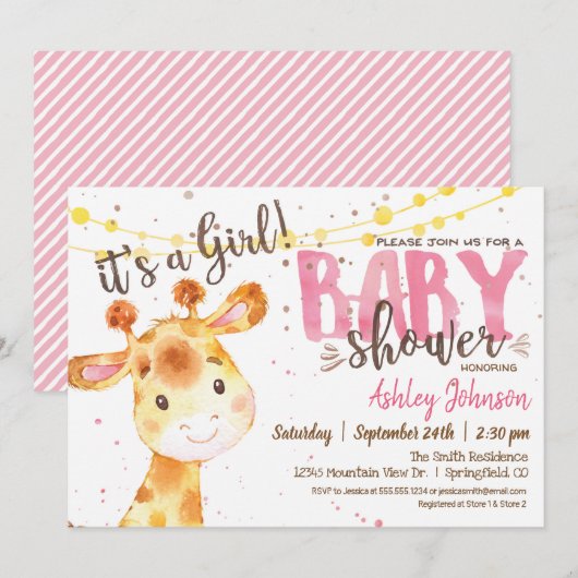 Invitation Baby shower Girl Giraffe (Devant / Derrière)