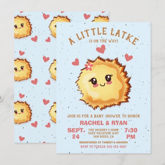 Invitation Baby shower Girl Little Latke Hanoukka (Devant / Derrière)