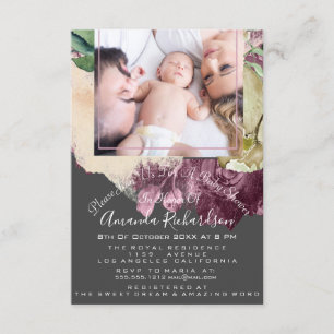 Invitation Baby shower Girl Photo Grey Floral Frame