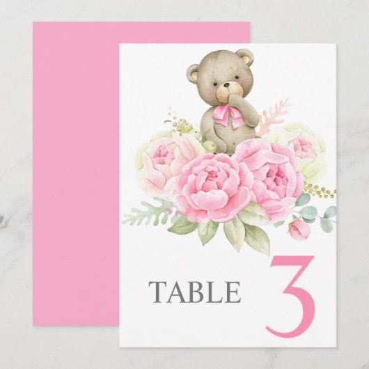 Invitation Baby Shower Girl Pink BearTable sign (Devant / Derrière)
