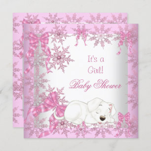 Invitation Baby shower Girl Pretty Rose Snowflakes Puppy 2