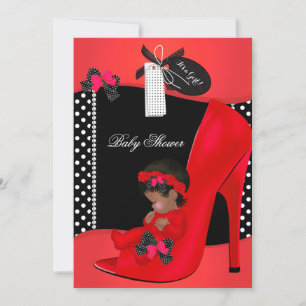 Invitation Baby shower Girl Red Baby Chaussure Pois 2B