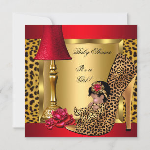 Invitation Baby shower Girl Red Gold Roses Leopard Shoe AA