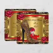Invitation Baby shower Girl Red Roses Gold Wild Leopard 3a (Devant / Derrière)