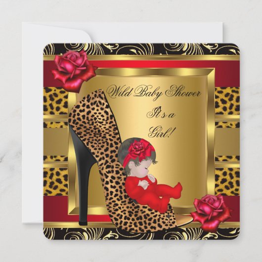Invitation Baby shower Girl Red Roses Gold Wild Leopard 3a (Devant)
