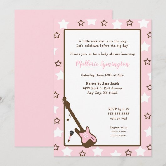 Invitation Baby shower Girl Rock Star (Devant / Derrière)