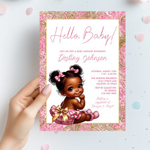 Invitation Baby shower Girl rose et or "Hello Baby"