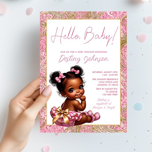 Invitation Baby shower Girl rose et or "Hello Baby"