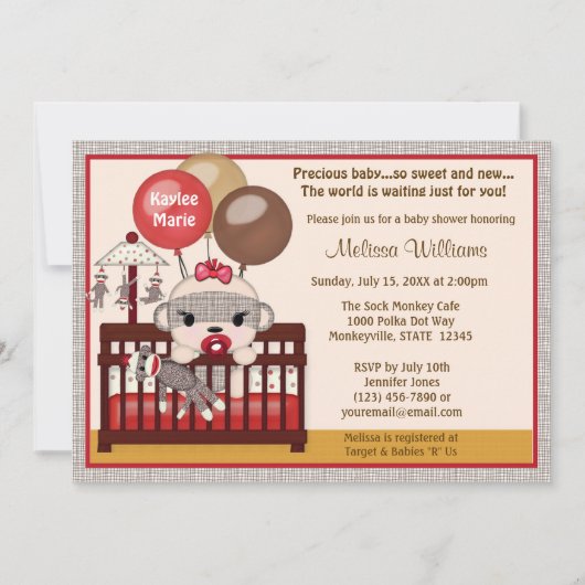 Invitation Baby shower GIRL Sock MONKEY Crib SMC-G (Devant)