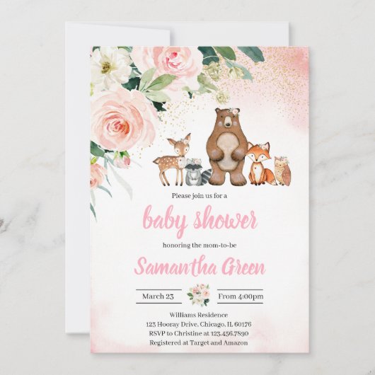 Invitation Baby shower Girl Woodland (Devant)