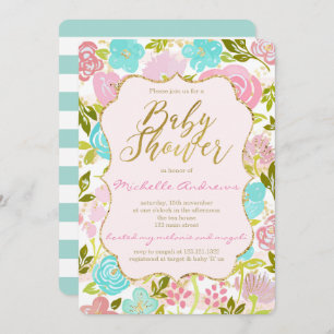 Invitation Baby shower Girly d'or de menthe de rose