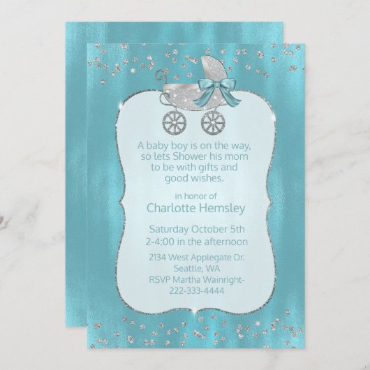 Invitation Baby shower Glam Silver Pram (Devant / Derrière)