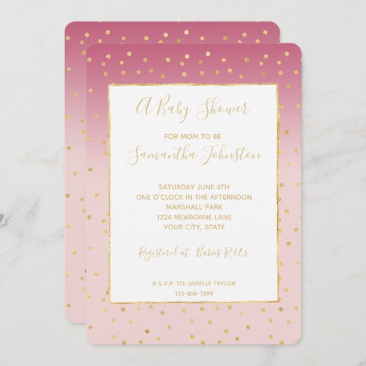 Invitation Baby shower Glitzy Gold Confetti Pink Ombre (Devant / Derrière)