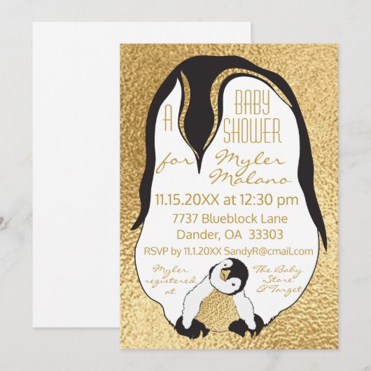 Invitation baby shower Gold Baby & maman Penguin (Devant / Derrière)