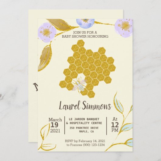 Invitation Baby shower Gold Bee Hive à l'aquarelle tendance e (Devant / Derrière)