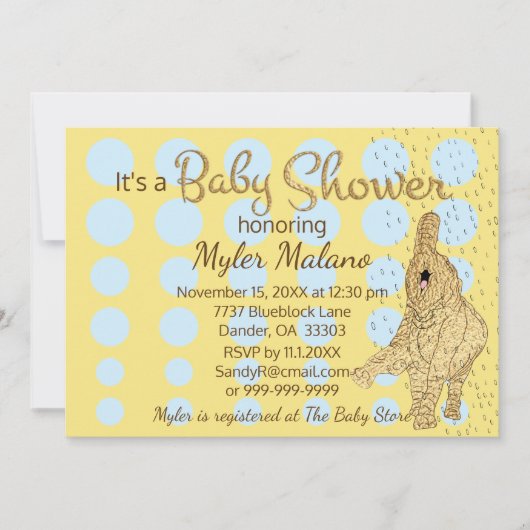 Invitation Baby shower Gold Blue Baby Elephant Blue (Devant)