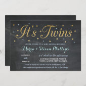 Invitation Baby shower Gold Blue Twins Boy Chalk (Devant / Derrière)