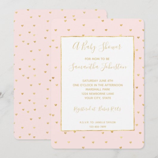 Invitation Baby shower Gold Blush Pink Little Hearts (Devant / Derrière)