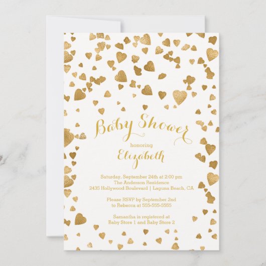 Invitation Baby shower Gold Confetti Hearts (Devant)