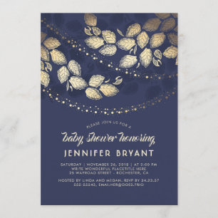 Invitation Baby shower Gold et Navy Blue Elegant Tree Lights