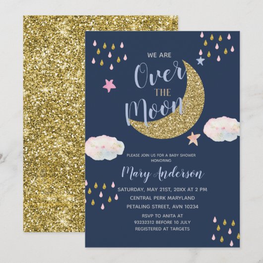 Invitation Baby shower Gold et Navy Blue Moon (Devant / Derrière)