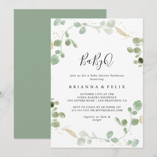 Invitation Baby shower Gold Eucalyptus BabyQ (Devant / Derrière)