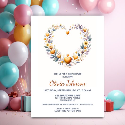 Invitation Baby shower Gold Floral Heart