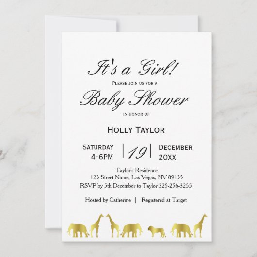 Invitation Baby shower Gold Jungle Animals (Devant)