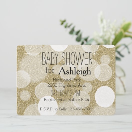 Invitation Baby shower Gold Parties scintillant Bokeh (Debout devant)
