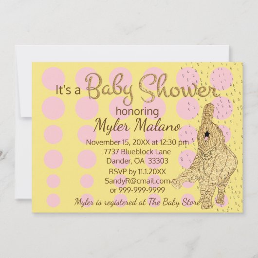 Invitation Baby shower Gold rose bébé éléphant (Devant)