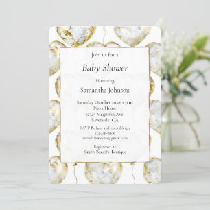 Invitation Baby shower Gold White Heart Balloons