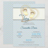 Invitation Baby shower Golden Baby Boy Footprints and Hearts (Devant / Derrière)