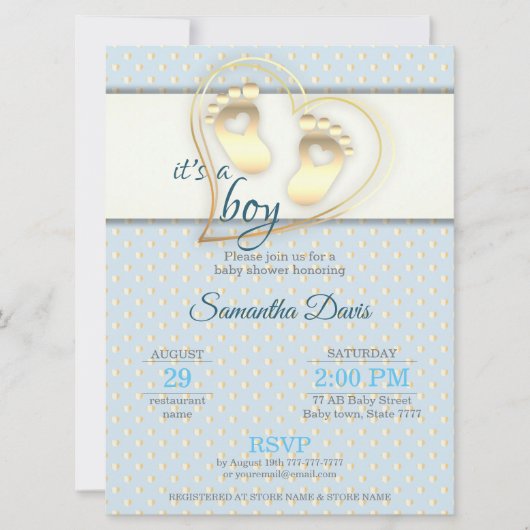 Invitation Baby shower Golden Baby Boy Footprints and Hearts (Devant)